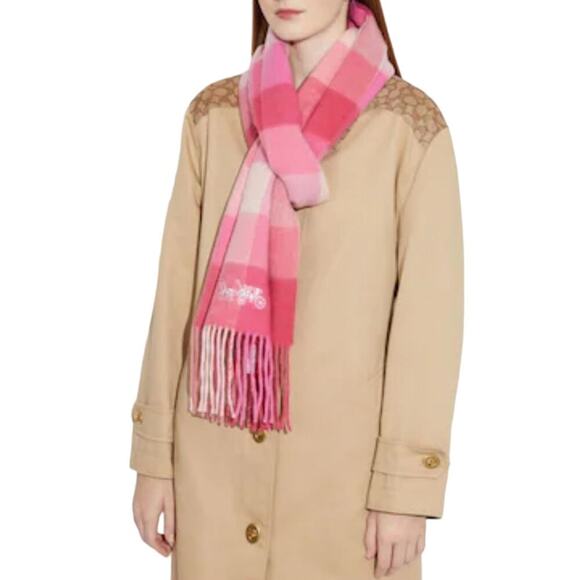COACH EXTRA LONG SCARF CHECK PRINT MUFFLER ICE PINK EMBROIDERED HORSE & CARRIAGE - Picture 1 of 3